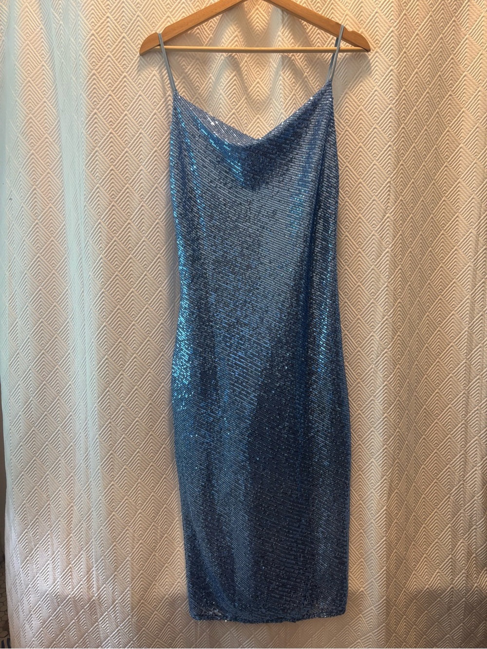 Blue Sequin Cowl Neck Bodycon Midi Dress Cocktail Party Wedding Guest Small